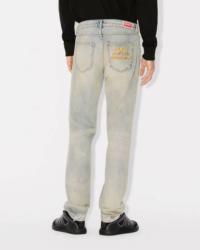 Kenzo Pants And Shorts Men Drawn Varsity039 Slimfit Bara Jeans Stone Bl Dirty Blue Denim