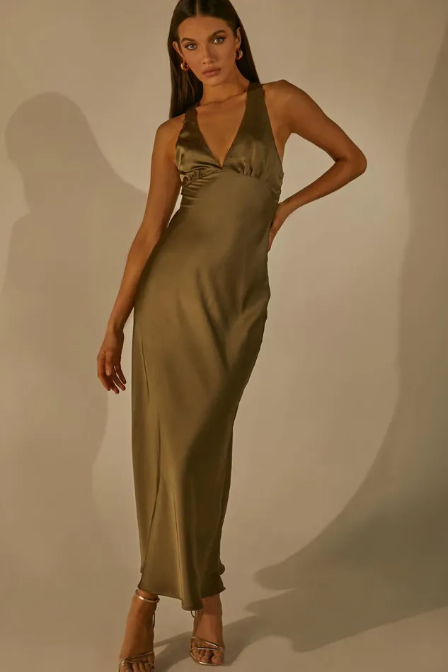 Khalani Midi Dress 8211 Deep V Neck Satin Slip Dress In Dark Olive Women Showpo Curve Clothes