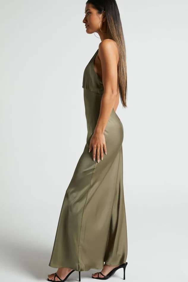 Khalani Midi Dress 8211 Deep V Neck Satin Slip Dress In Dark Olive Women Showpo Curve Clothes