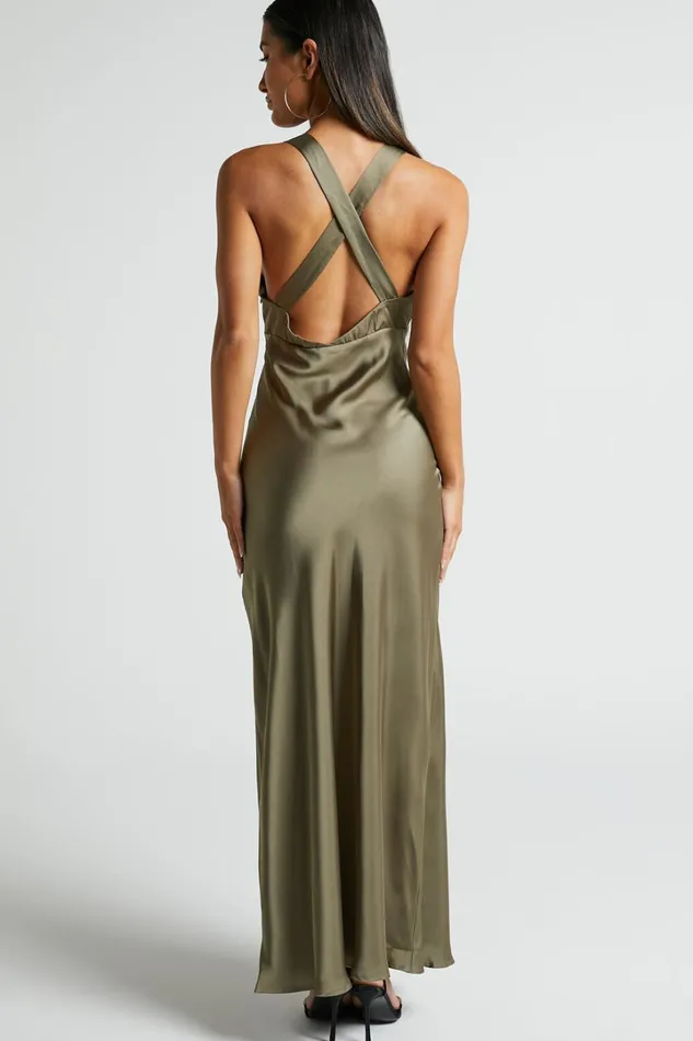 Khalani Midi Dress 8211 Deep V Neck Satin Slip Dress In Dark Olive Women Showpo Curve Clothes