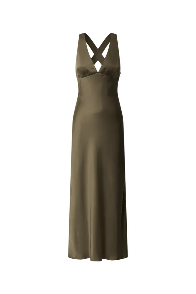 Khalani Midi Dress 8211 Deep V Neck Satin Slip Dress In Dark Olive Women Showpo Curve Clothes