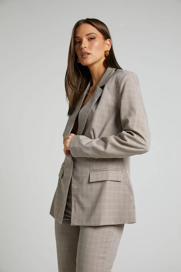 Khizza Blazer 8211 Tailored Blazer In Brown And Pink Check Women Showpo Blazers Khizza Blazer 8211 Tailored Blazer In Brown And Pink Check Women Showpo Blazers