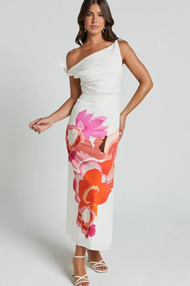 Khizza MIDI DRESS 8211 OFF THE SHOULDER SIDE SPLIT COLUMN DRESS In Pink And Red Print Women Showpo Dresses Khizza MIDI DRESS 8211 OFF THE SHOULDER SIDE SPLIT COLUMN DRESS In Pink And Red Print Women Showpo Dresses