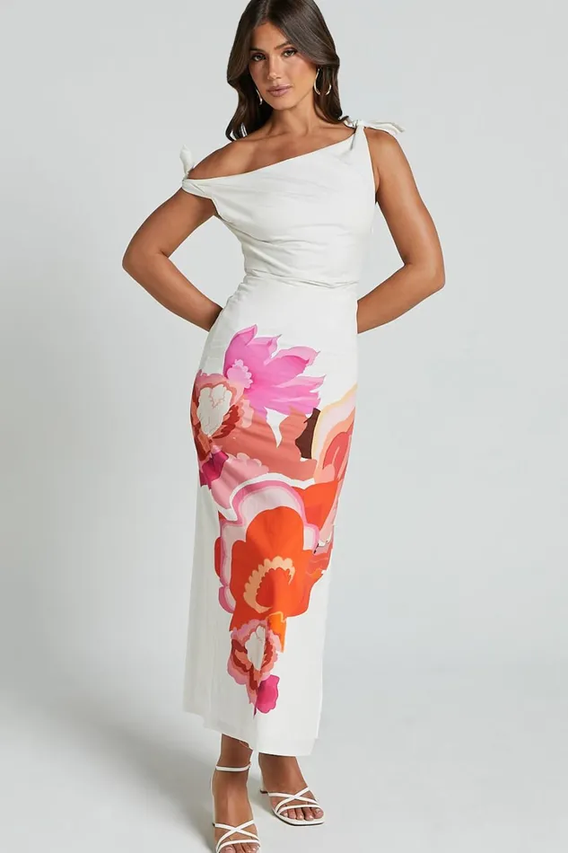 Khizza MIDI DRESS 8211 OFF THE SHOULDER SIDE SPLIT COLUMN DRESS In Pink And Red Print Women Showpo Dresses