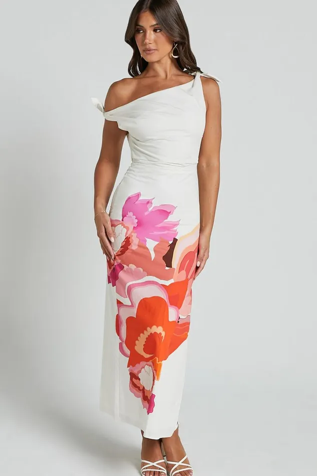 Khizza MIDI DRESS 8211 OFF THE SHOULDER SIDE SPLIT COLUMN DRESS In Pink And Red Print Women Showpo Dresses