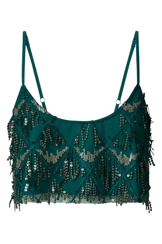 Khrizza Top 8211 Sequin Diamond Mesh Cropped Cami Top In Emerald Women Showpo Tops