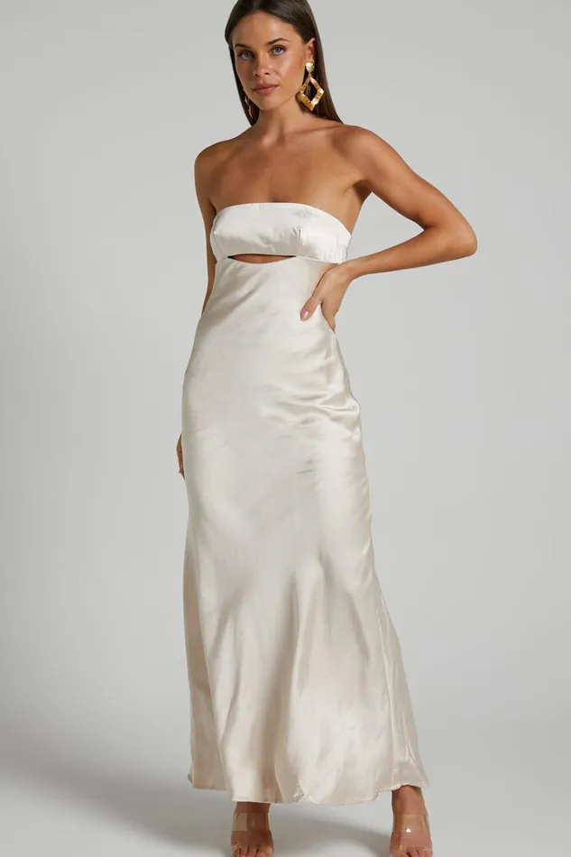 Kira Midi Dress 8211 Strapless Cut Out Satin Dress In Champagne Women Showpo Dresses