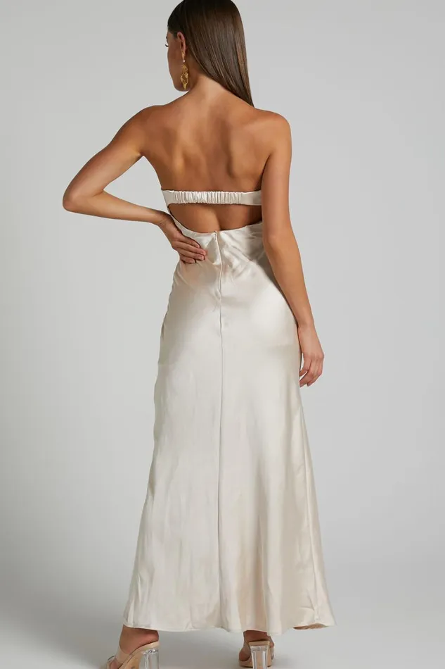 Kira Midi Dress 8211 Strapless Cut Out Satin Dress In Champagne Women Showpo Dresses