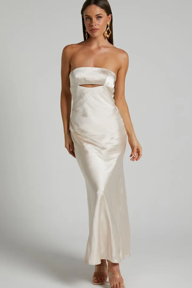 Kira Midi Dress 8211 Strapless Cut Out Satin Dress In Champagne Women Showpo Dresses