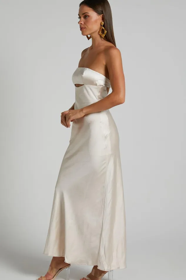 Kira Midi Dress 8211 Strapless Cut Out Satin Dress In Champagne Women Showpo Dresses
