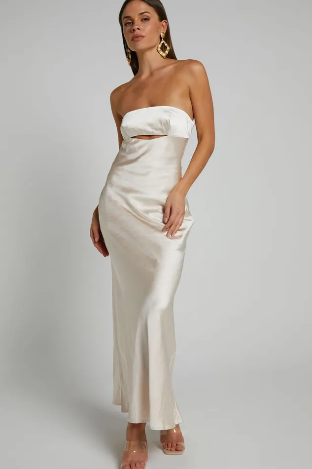 Kira Midi Dress 8211 Strapless Cut Out Satin Dress In Champagne Women Showpo Dresses