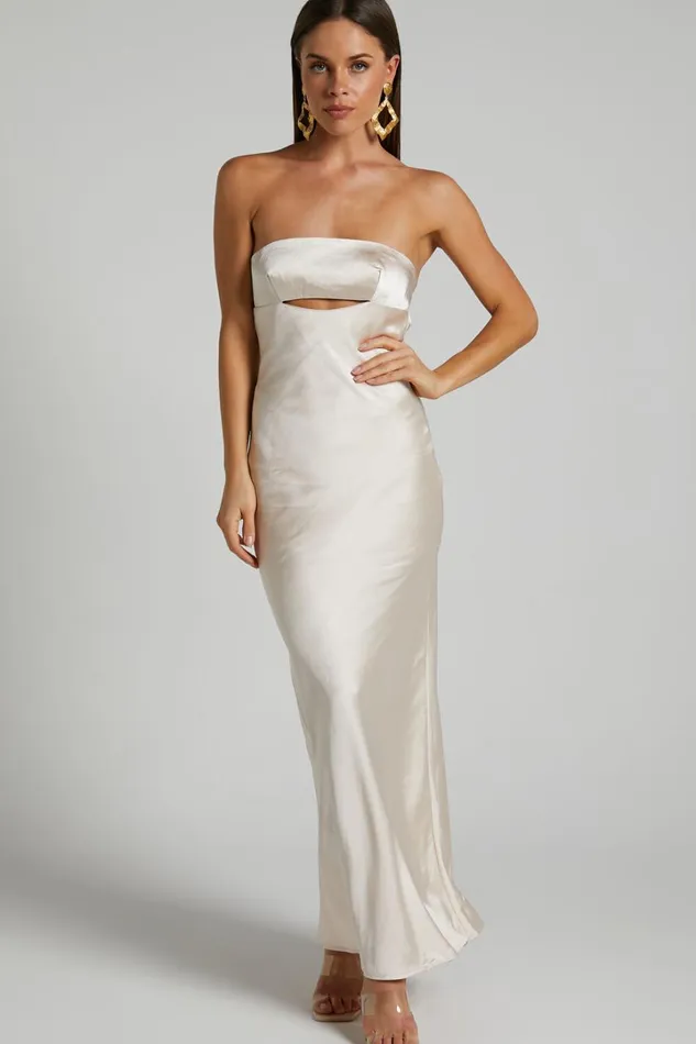 Kira Midi Dress 8211 Strapless Cut Out Satin Dress In Champagne Women Showpo Dresses