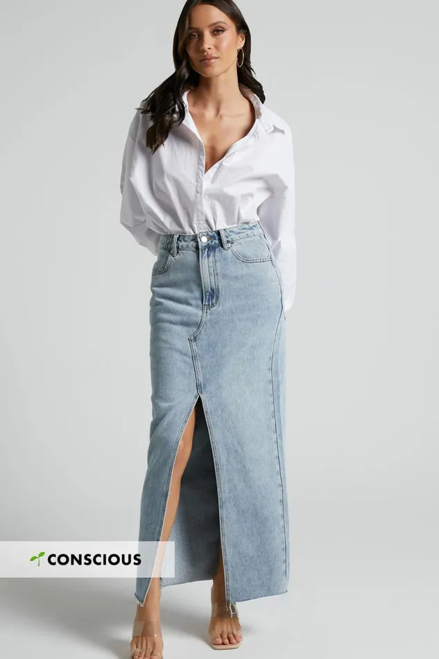 Kira Midi Skirt 8211 Front Split Denim Skirt In Light Blue Wash Women Showpo Curve Clothes Kira Midi Skirt 8211 Front Split Denim Skirt In Light Blue Wash Women Showpo Curve Clothes