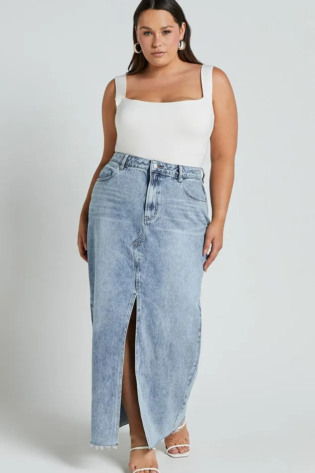 Kira Midi Skirt 8211 Front Split Denim Skirt In Light Blue Wash Women Showpo Curve Clothes