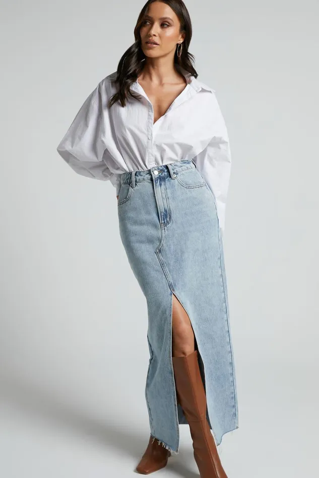 Kira Midi Skirt 8211 Front Split Denim Skirt In Light Blue Wash Women Showpo Curve Clothes