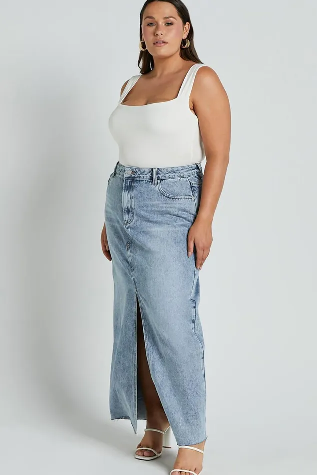 Kira Midi Skirt 8211 Front Split Denim Skirt In Light Blue Wash Women Showpo Curve Clothes