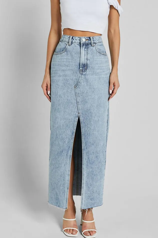 Kira Midi Skirt 8211 Front Split Denim Skirt In Light Blue Wash Women Showpo Curve Clothes