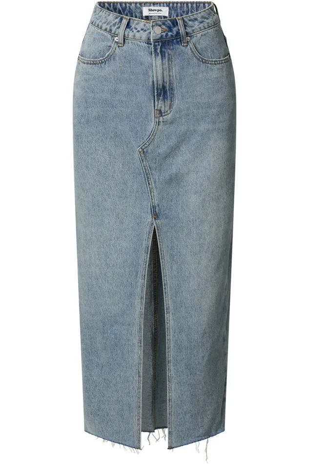 Kira Midi Skirt 8211 Front Split Denim Skirt In Light Blue Wash Women Showpo Curve Clothes
