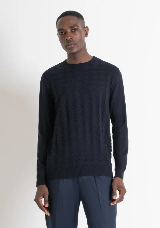 Knitwear Men Antony Morato Regular Fit Wool Blend Jumper With Geometric Pattern Blue Ink Knitwear Men Antony Morato Regular Fit Wool Blend Jumper With Geometric Pattern Blue Ink