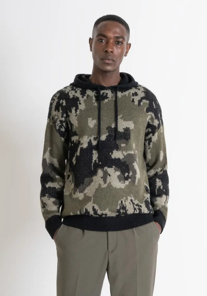 Knitwear Men Antony Morato Relaxed Fit Hoodie In Camouflage Mixed Fabric Army Green