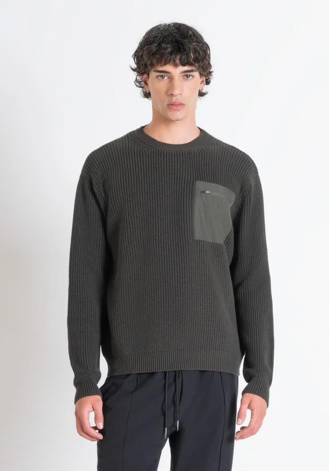Knitwear Men Antony Morato Relaxed Fit Sweater In Cotton With Pocket Dark Olive Green