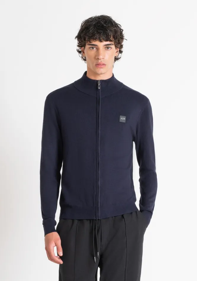 Knitwear Men Antony Morato Slim Fit Sweater In Viscose Blend With Zip And Rubberised Logo Blue Ink Knitwear Men Antony Morato Slim Fit Sweater In Viscose Blend With Zip And Rubberised Logo Blue Ink