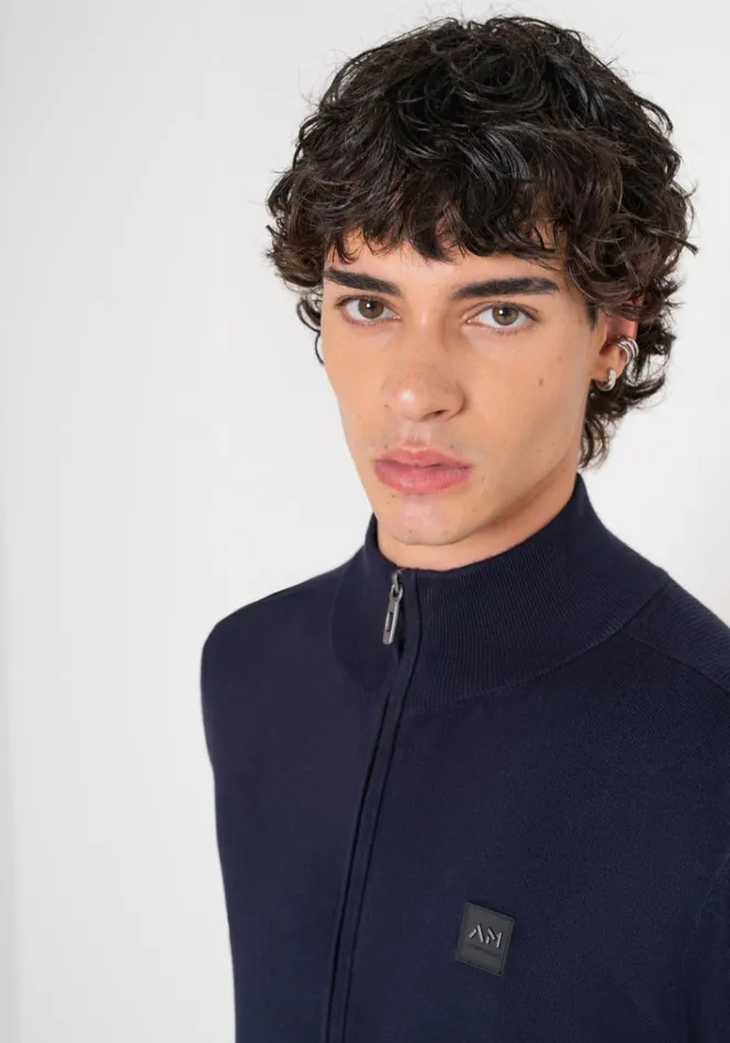 Knitwear Men Antony Morato Slim Fit Sweater In Viscose Blend With Zip And Rubberised Logo Blue Ink