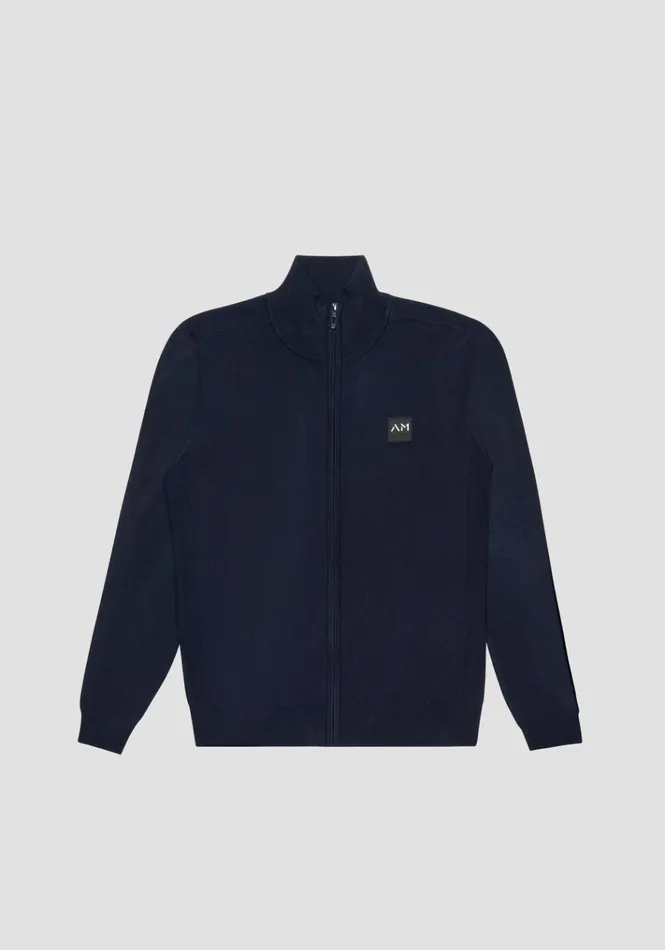 Knitwear Men Antony Morato Slim Fit Sweater In Viscose Blend With Zip And Rubberised Logo Blue Ink