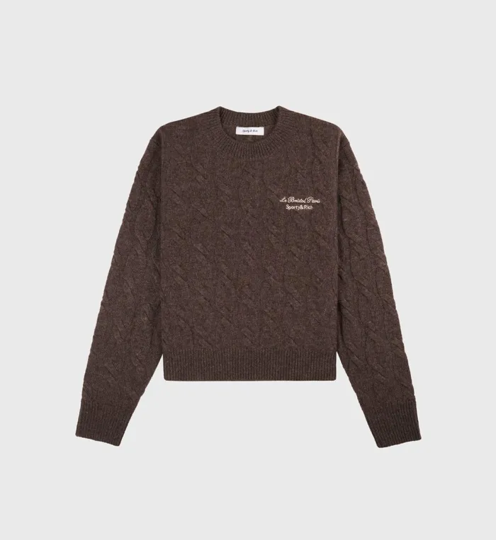Knitwear Women Sporty and Rich Faubourg Cableknit Wool Cashmere Crewneck 8211 ChocolateCream Knitwear Women Sporty and Rich Faubourg Cableknit Wool Cashmere Crewneck 8211 ChocolateCream