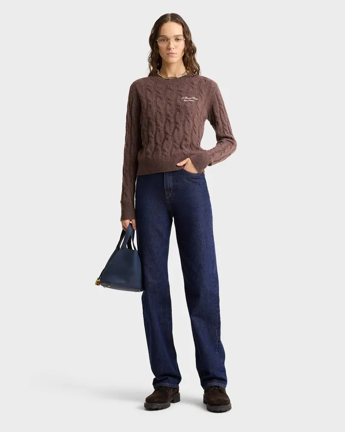 Knitwear Women Sporty and Rich Faubourg Cableknit Wool Cashmere Crewneck 8211 ChocolateCream