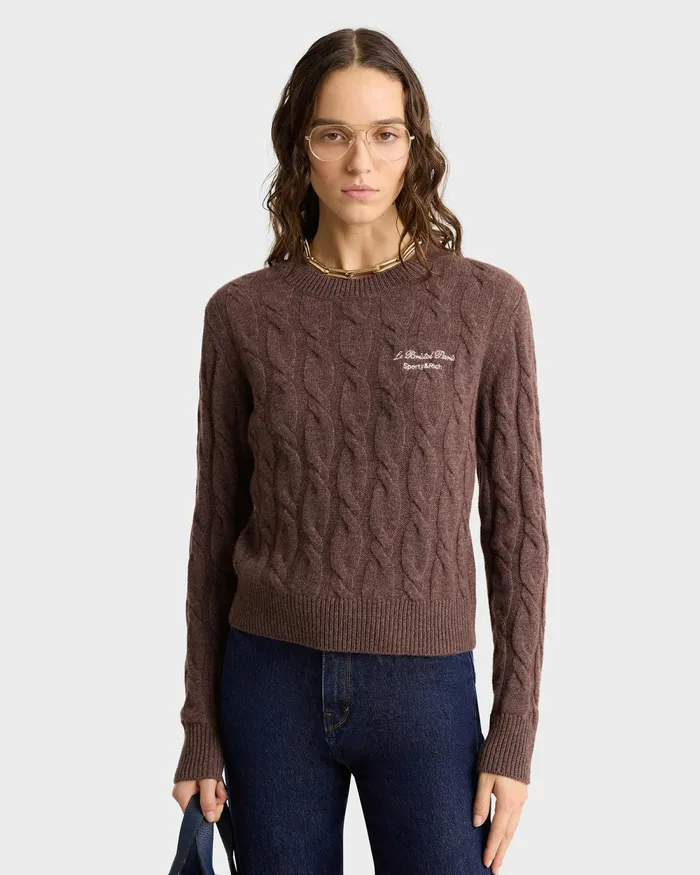 Knitwear Women Sporty and Rich Faubourg Cableknit Wool Cashmere Crewneck 8211 ChocolateCream