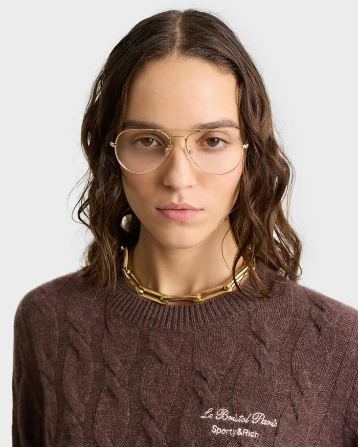 Knitwear Women Sporty and Rich Faubourg Cableknit Wool Cashmere Crewneck 8211 ChocolateCream