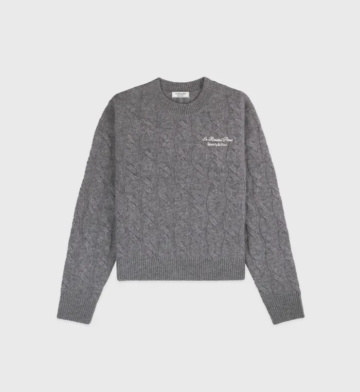 Knitwear Women Sporty and Rich Faubourg Cableknit Wool Cashmere Crewneck 8211 Heather GrayWhite Knitwear Women Sporty and Rich Faubourg Cableknit Wool Cashmere Crewneck 8211 Heather GrayWhite