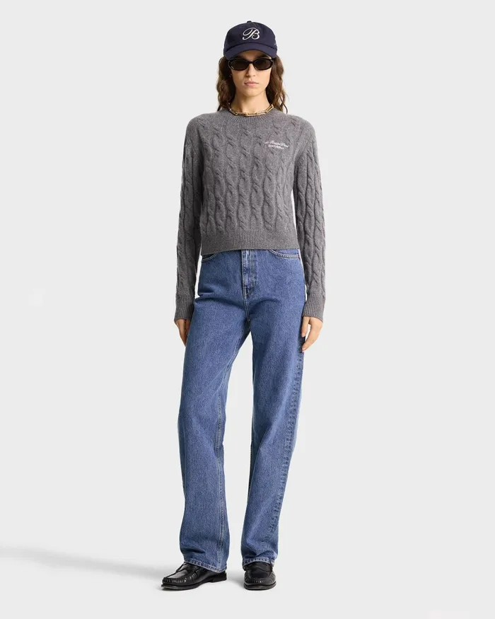 Knitwear Women Sporty and Rich Faubourg Cableknit Wool Cashmere Crewneck 8211 Heather GrayWhite