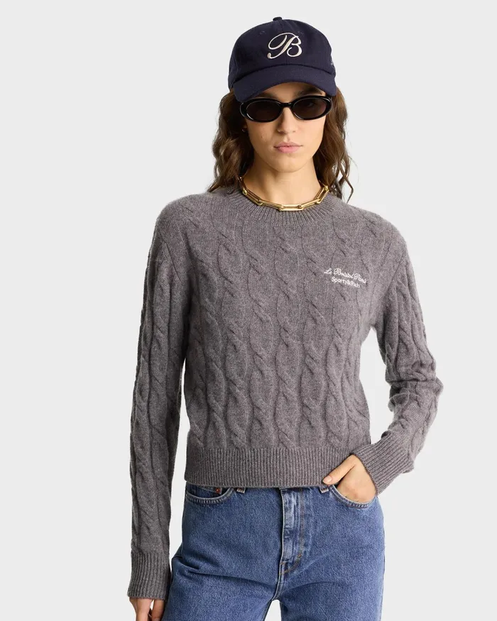 Knitwear Women Sporty and Rich Faubourg Cableknit Wool Cashmere Crewneck 8211 Heather GrayWhite