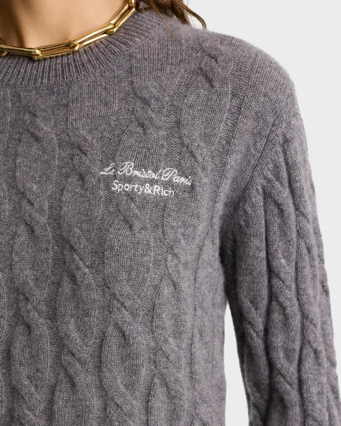 Knitwear Women Sporty and Rich Faubourg Cableknit Wool Cashmere Crewneck 8211 Heather GrayWhite
