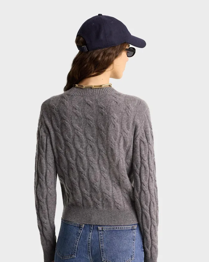 Knitwear Women Sporty and Rich Faubourg Cableknit Wool Cashmere Crewneck 8211 Heather GrayWhite