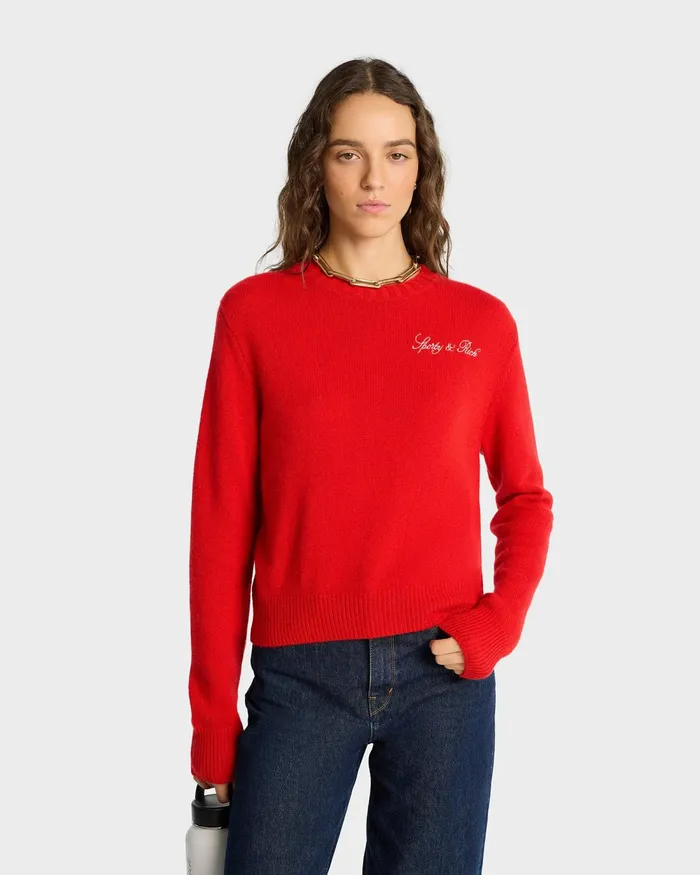 Knitwear Women Sporty and Rich Vendome Script Cashmere Crewneck 8211 RubyWhite