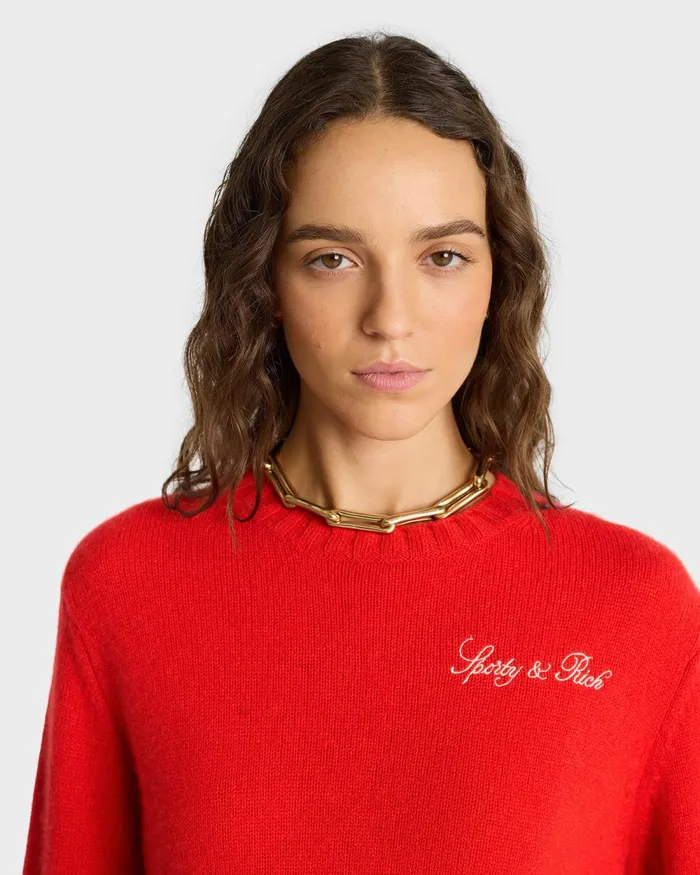 Knitwear Women Sporty and Rich Vendome Script Cashmere Crewneck 8211 RubyWhite