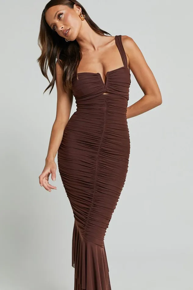 Kody Midi Dress 8211 Bodycon Ruched Mesh Cut Out Dress In Chocolate Women Showpo Dresses