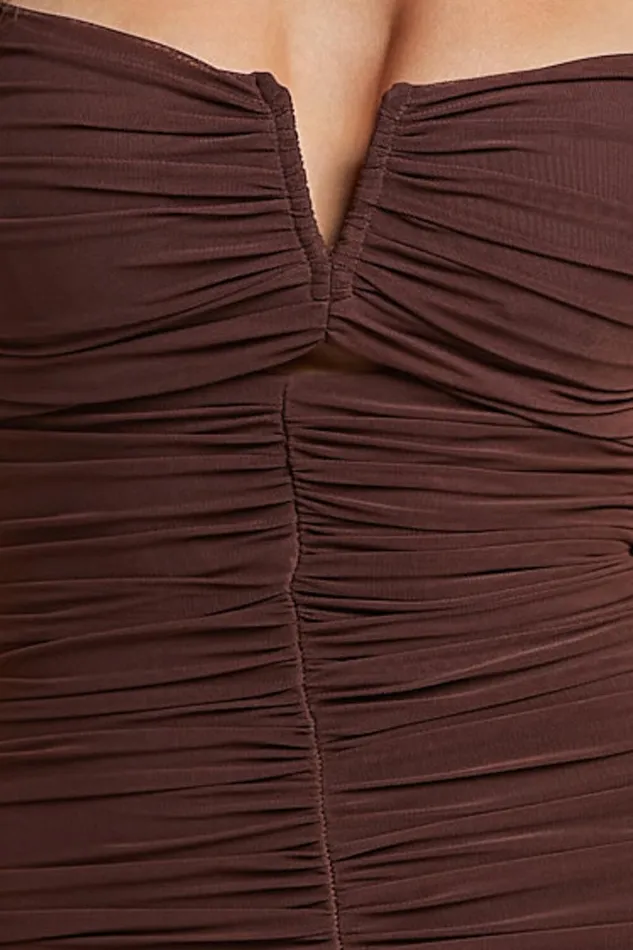 Kody Midi Dress 8211 Bodycon Ruched Mesh Cut Out Dress In Chocolate Women Showpo Dresses