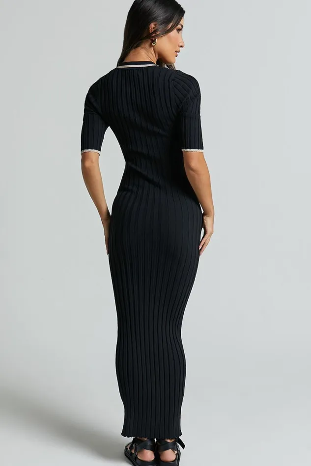 Lada Midi Dress 8211 Short Sleeve Button Front Knit Dress In Black Women Showpo Knitwear