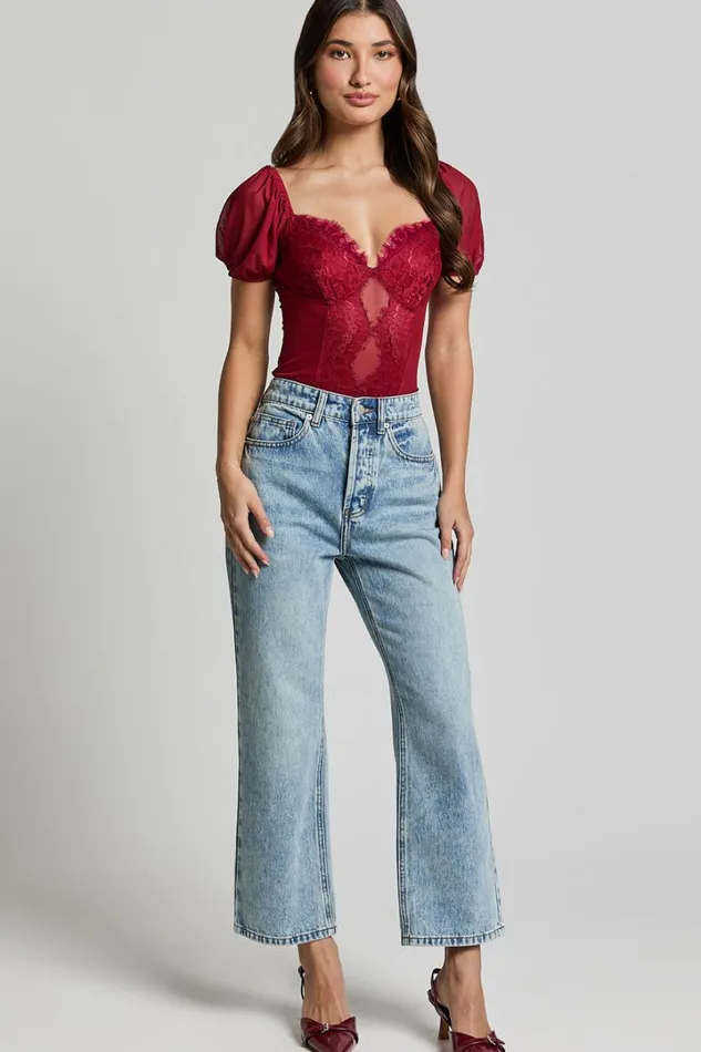 Lara Bodysuit 8211 Lace Detail Sweetheart Short Sleeve Bodysuit In Cherry Red Women Showpo Tops