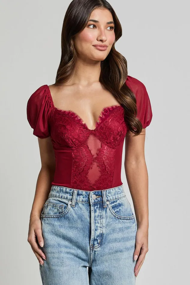 Lara Bodysuit 8211 Lace Detail Sweetheart Short Sleeve Bodysuit In Cherry Red Women Showpo Tops