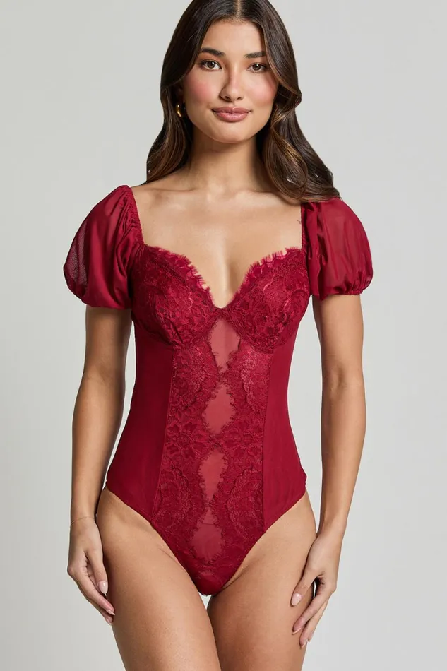 Lara Bodysuit 8211 Lace Detail Sweetheart Short Sleeve Bodysuit In Cherry Red Women Showpo Tops