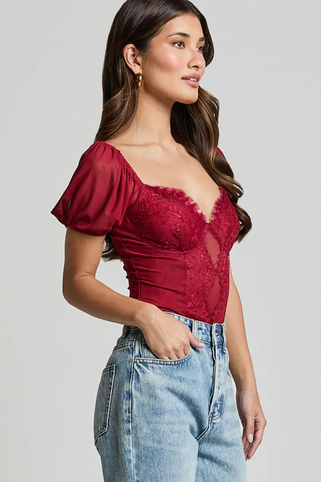 Lara Bodysuit 8211 Lace Detail Sweetheart Short Sleeve Bodysuit In Cherry Red Women Showpo Tops