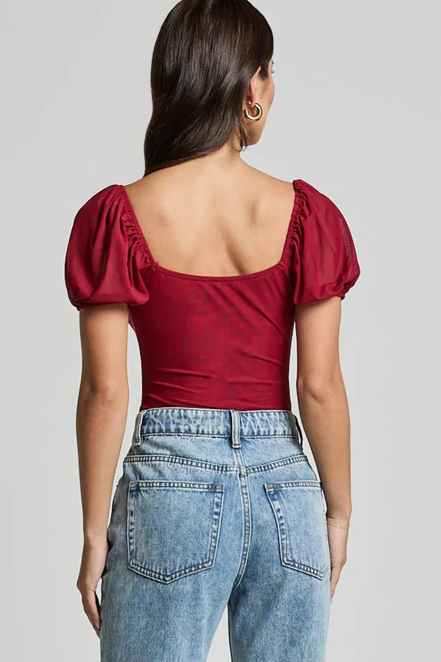 Lara Bodysuit 8211 Lace Detail Sweetheart Short Sleeve Bodysuit In Cherry Red Women Showpo Tops