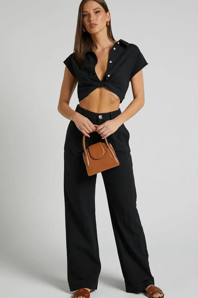 Larissa Trousers 8211 Linen Look Mid Waisted Relaxed Straight Leg Trousers In Black Women Showpo Pants