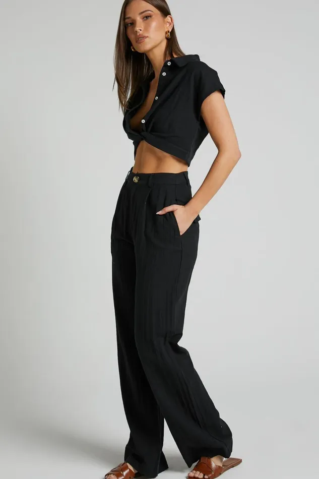 Larissa Trousers 8211 Linen Look Mid Waisted Relaxed Straight Leg Trousers In Black Women Showpo Pants