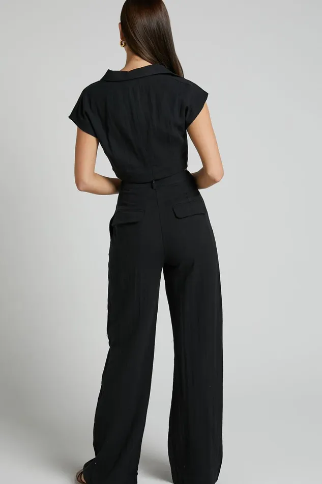 Larissa Trousers 8211 Linen Look Mid Waisted Relaxed Straight Leg Trousers In Black Women Showpo Pants